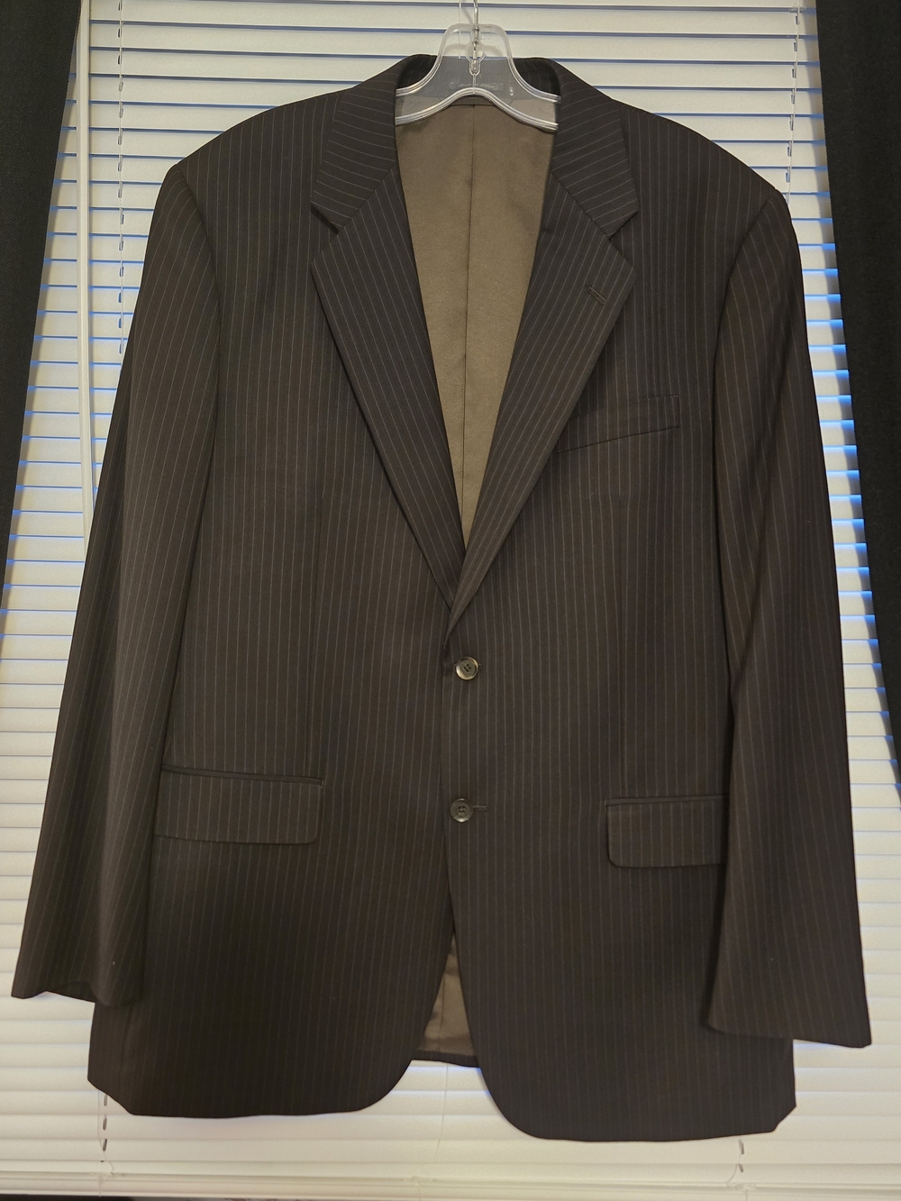 Statement Menswear 46L Suit Jacket Blazer Brown Pinstripe Purple Piping Modern